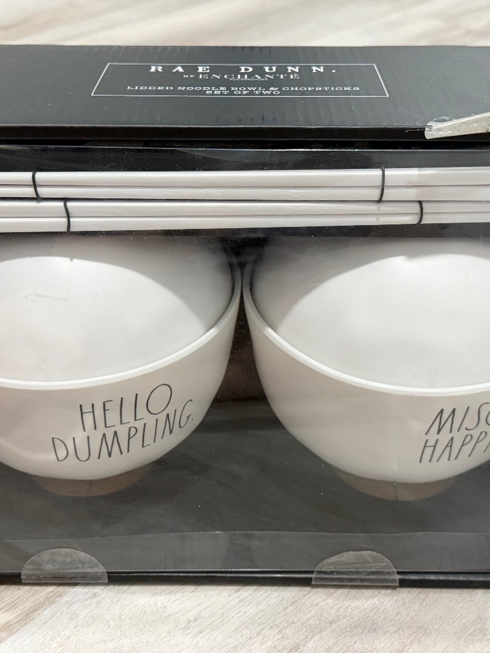 Rae Dunn Enchante Lidded Noodle Bowl Set w/ Chopsticks White Melamine NIB